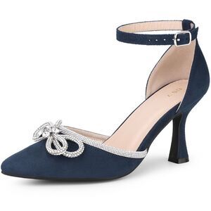 Rhinestones Bow Wedding Shoes Stiletto Heel Sandals Pumps Navy Blue